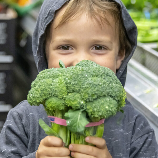 A little boy holds a head of broccoli up to his face