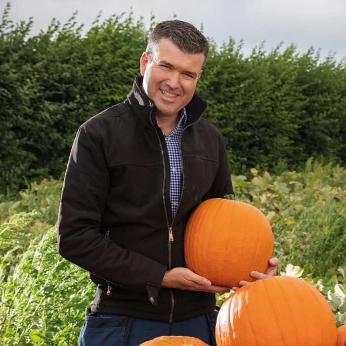 donnelly fresh farmer with his harvest of pumpkins